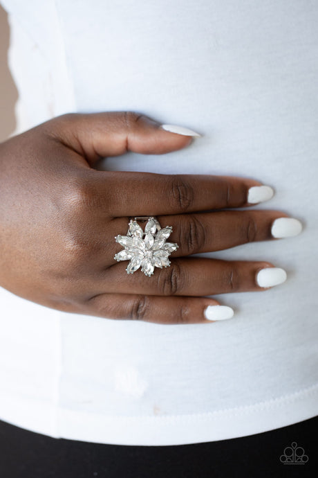Paparazzi ~ Am I GLEAMing? ~ White Rhinestone Ring with Stretchy Band (Life of the Party Exclusive)