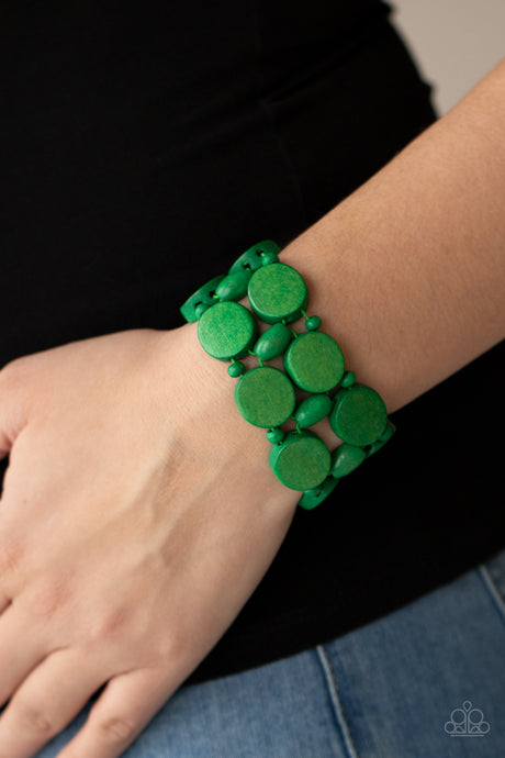 Paparazzi ~ Beach Bravado ~ Green Wooden Bracelet with Stretchy Bands