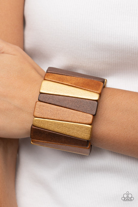 Paparazzi ~ Bahama Boardwalk ~ Brown and Brassy Wooden Bracelet