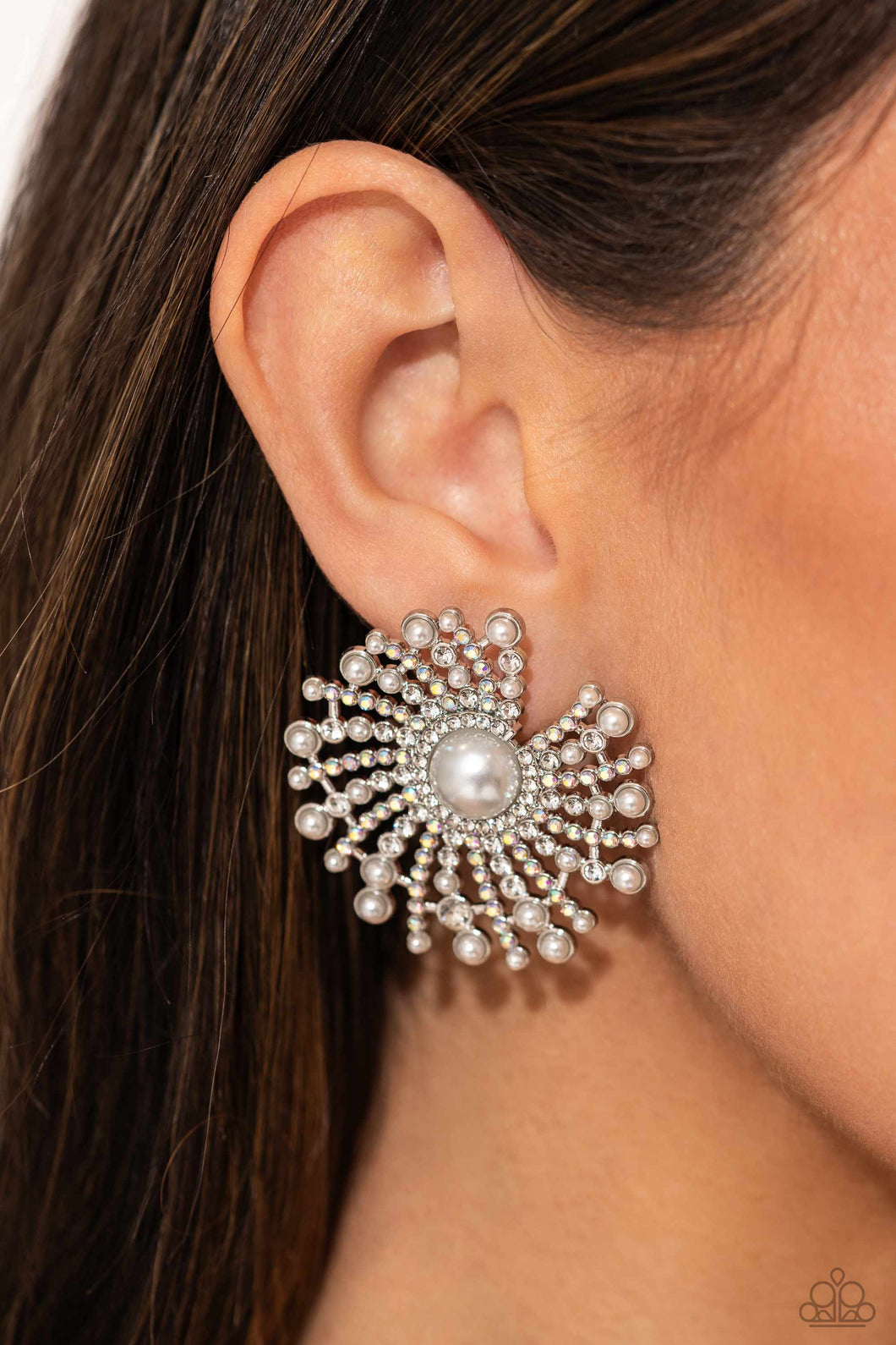 Paparazzi ~ Fancy Fireworks ~ White Pearl and Rhinestone Earrings (Life of the Party Exclusive)