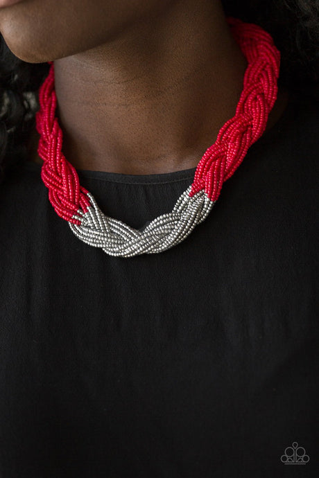 Paparazzi ~  Brazilian Brilliance ~ Red and Silver Seed Bead Necklace Set
