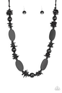 Paparazzi ~ Carefree Cococay ~ Black Wooden Bead Necklace Set