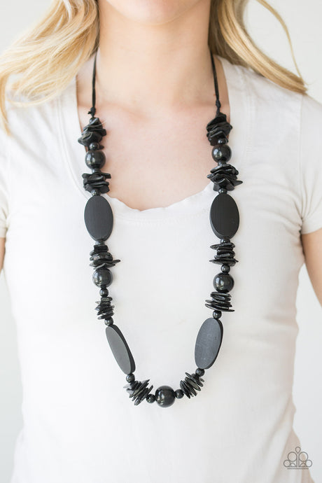 Paparazzi ~ Carefree Cococay ~ Black Wooden Bead Necklace Set