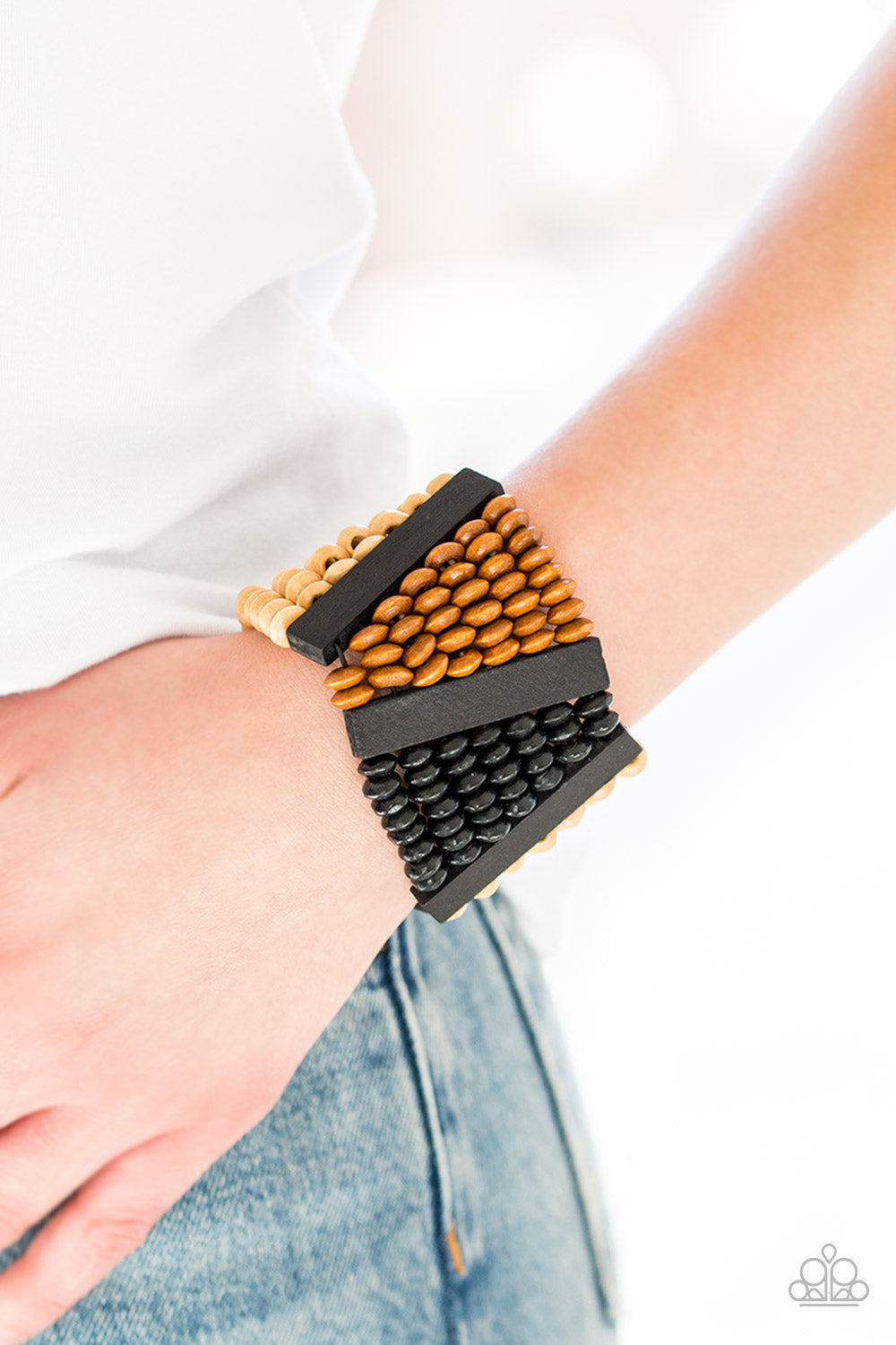 Paparazzi ~ HAUTE In Hispaniola ~ Black Wooden Bracelet with Stretchy Bands
