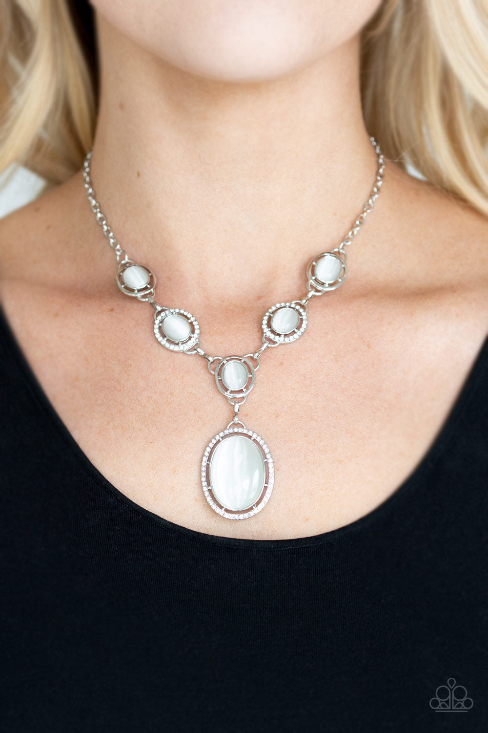 Paparazzi ~ Metro Medallion ~ White Cat's Eye Stone Necklace Set (Life of the Party Exclusive)