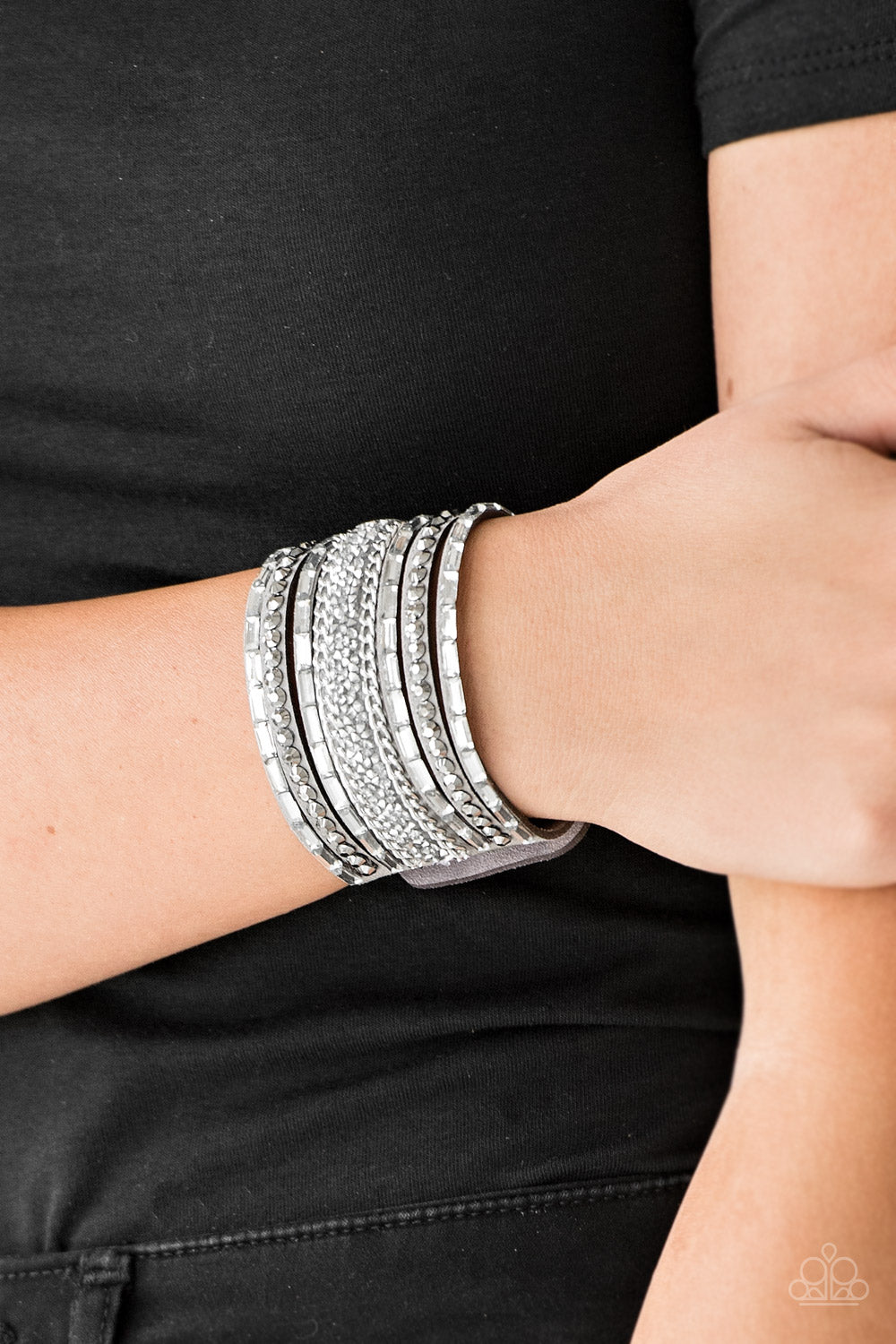 Paparazzi ~ Rhinestone Rumble ~ Silver  Rhinestone Urban Bracelet