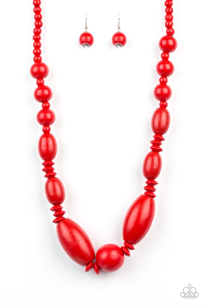 Paparazzi ~ Summer Breezin ~ Red Wooden Bead Necklace Set